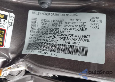 2016 Honda Cr-V Ex-L z USA, uszkodzony, nr VIN 5J6RM3H74GL026537